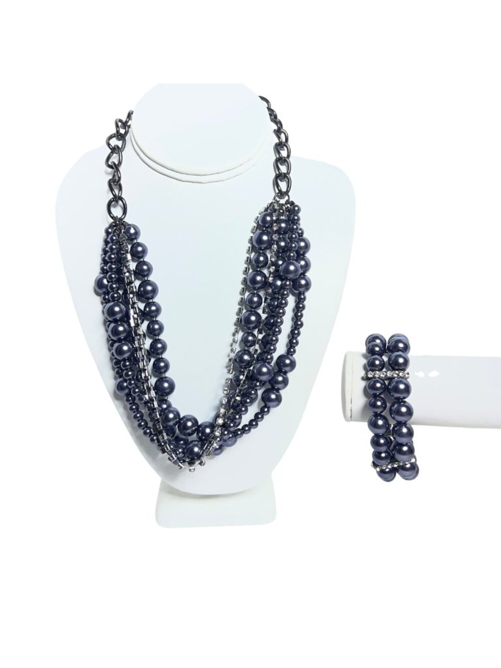 Gun Metal W/ Gray Faux Pearl And Clear Rhinestone Necklace & Bracelet Set (6503)